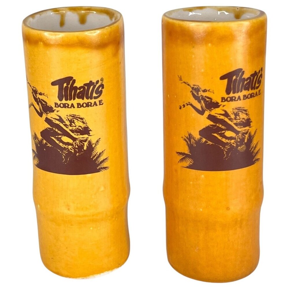 2 VTG Hawaiian Tiki Mug Tihatis Bora Bora E Dance‎ Troup Beachcomber Restaurant